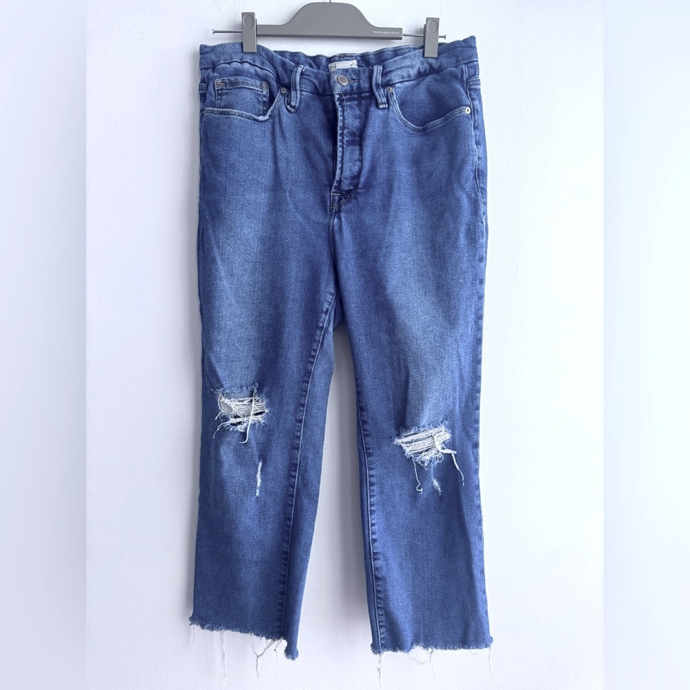 Good American Blue Ripped Straight Jeans High Rise with frayed bottoms